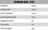 250mm x 30mm x 3.0mm 60 Tooth ATB Circular Saw Blade - 6102