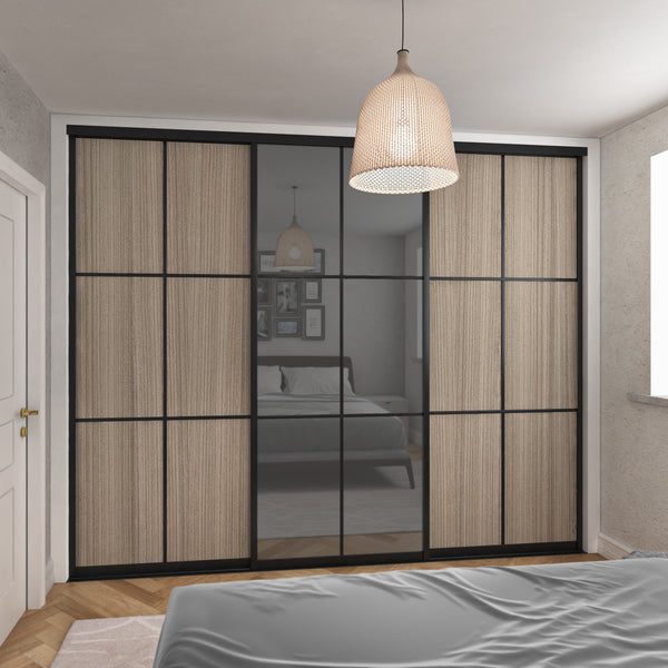 Brushed Black Curve Sliding Wardrobe Door Kit - 3 Door 6 Panel Grid Grey Mirror & Shorewood - Made To Measure