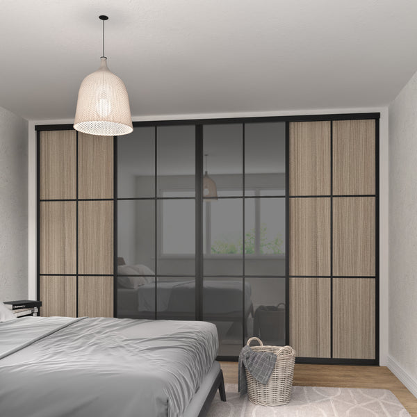 Brushed Black Curve Sliding Wardrobe Door Kit - 4 Door 6 Panel Grid Grey Mirror & Shorewood - Made To Measure