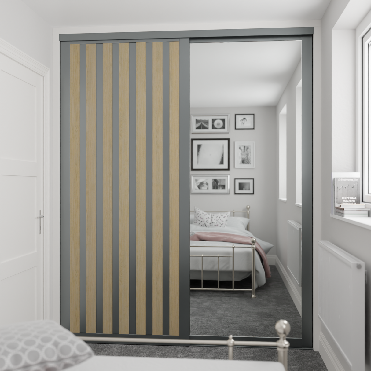 Graphite Shaker 2-Door Sliding Wardrobe Kit – Mirror & Acoustic Effect Light Oak Panel