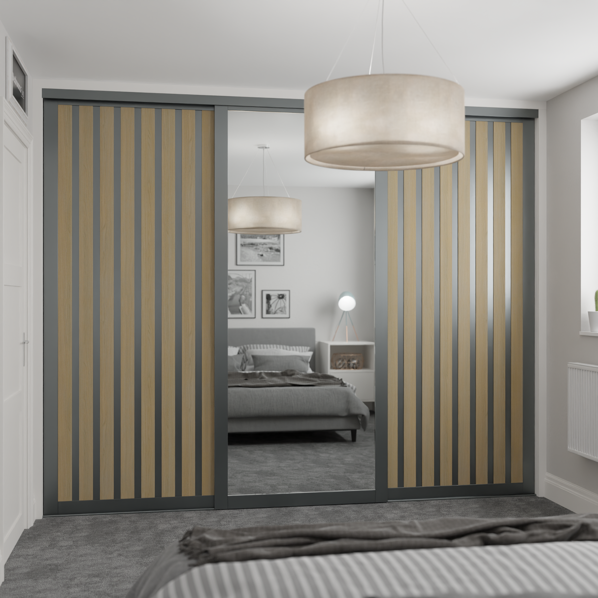 Graphite Shaker 3-Door Sliding Wardrobe Kit – Mirror & Acoustic Effect Light Oak Panel