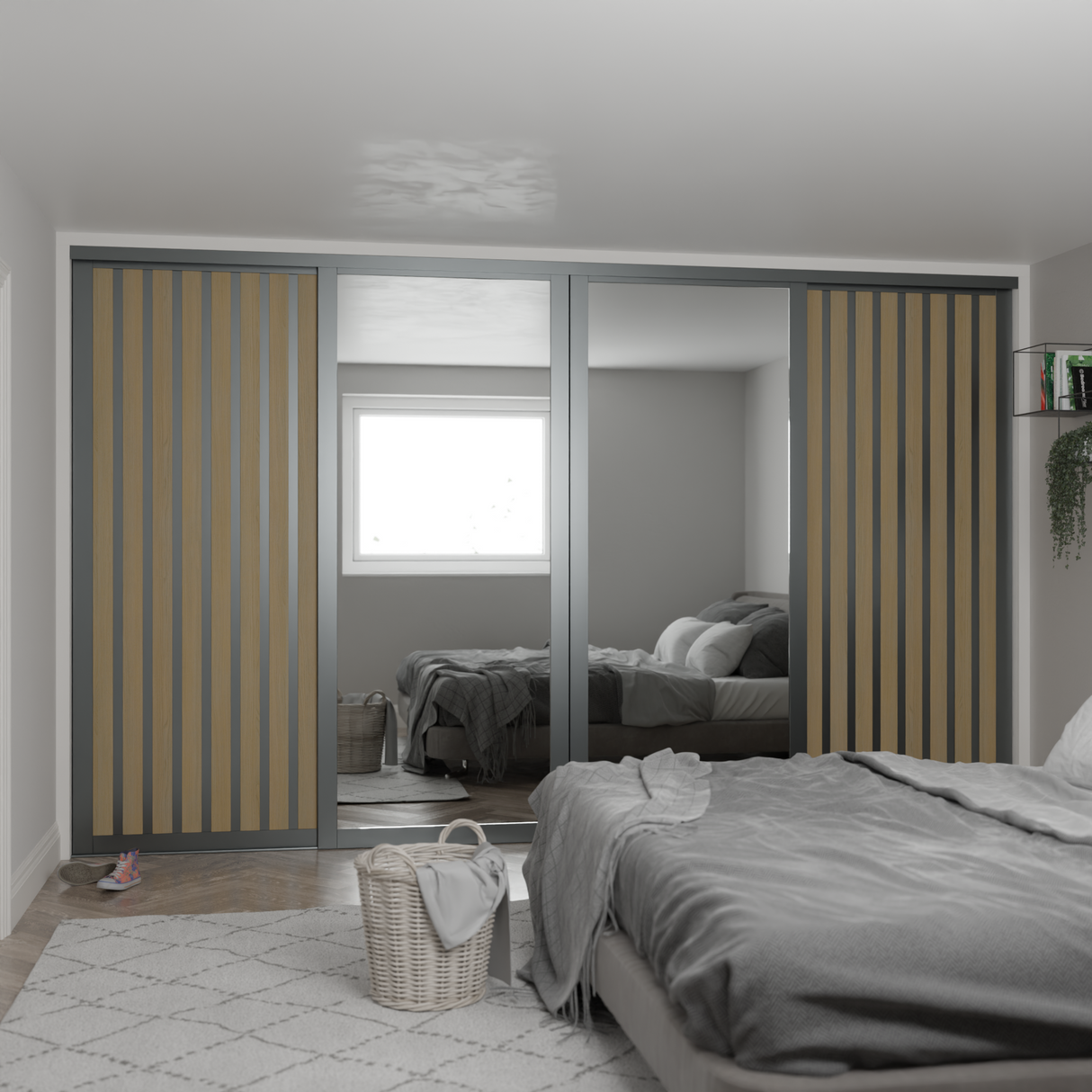 Graphite Shaker 4-Door Sliding Wardrobe Kit – Mirror & Acoustic Effect Light Oak Panel