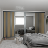 Graphite Shaker 4-Door Sliding Wardrobe Kit – Mirror & Acoustic Effect Light Oak Panel