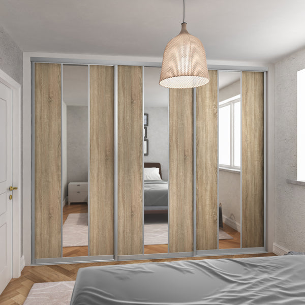Satin Silver Curve Sliding Wardrobe Door Kit - 3 Door Verti Design - Mirror & Grey Bardolino Oak - Made To Measure