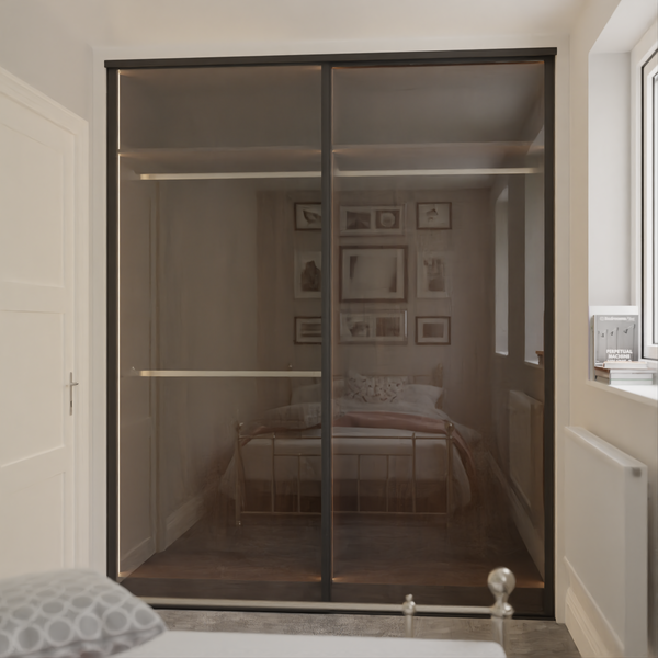 Brushed Black Curve Sliding Door Wardrobe Kit - 2 Door Transparent Bronze Tinted Glass - Made To Measure