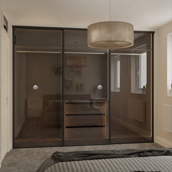 Brushed Black Curve Sliding Door Wardrobe Kit - 3 Door Transparent Bronze Tinted Glass - Made To Measure