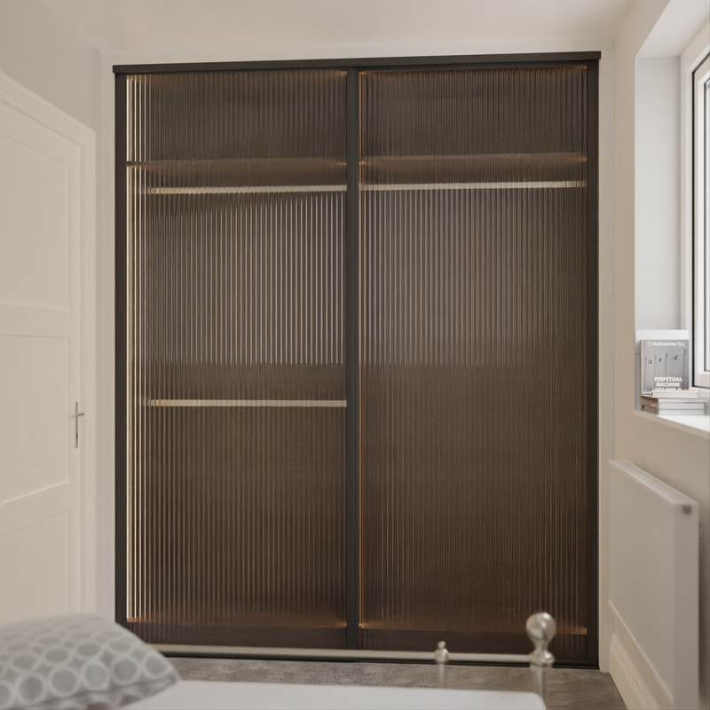 Brushed Black Curve Sliding Door Wardrobe Kit - 2 Door Clear Reeded Glass - Made To Measure