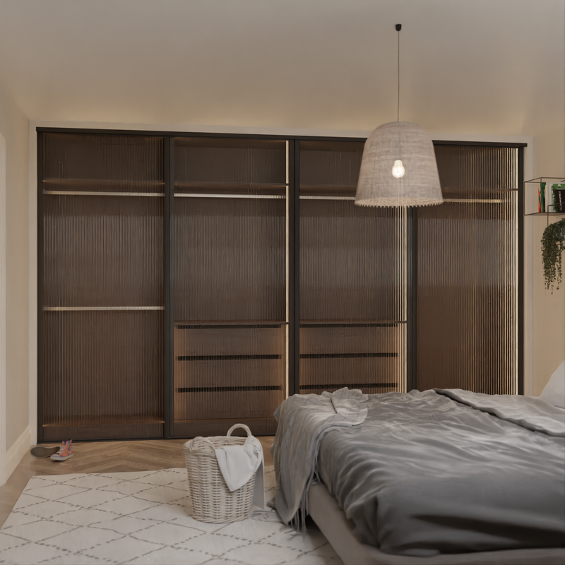 Brushed Black Curve Sliding Door Wardrobe Kit - 4 Door Clear Reeded Glass - Made To Measure