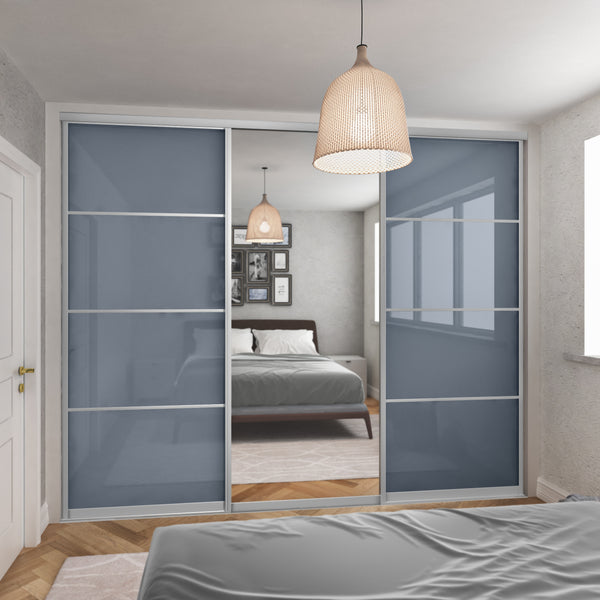 Kit de porte d'armoire coulissante courbe argent satiné - miroir 3 portes et verre ombre bleue - sur mesure