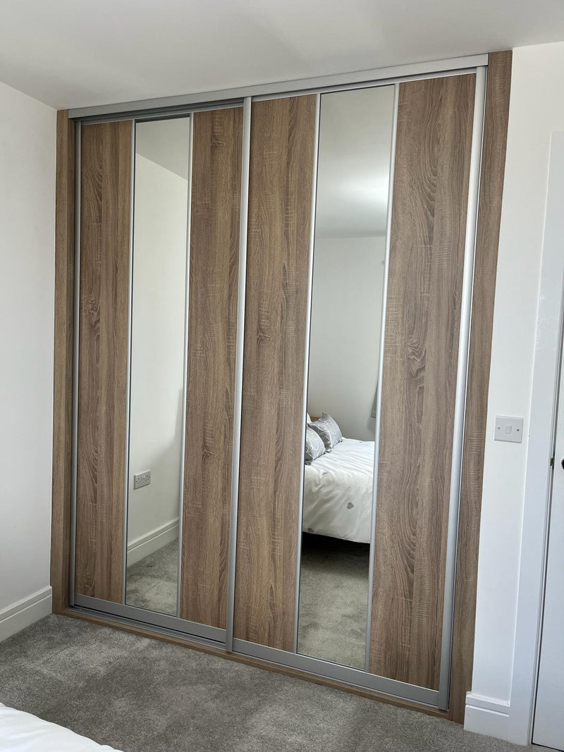 Satin Silver Curve Sliding Wardrobe Door Kit - 2 Doors Verti Design - Mirror & Grey Bardolino Oak - Made To Measure