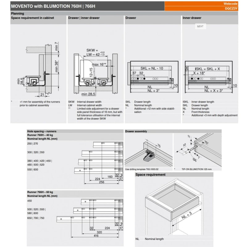 Blum 760H3500S Movento Blumotion Soft Close Drawer Runner - Full Extension 40KG 350mm - Locking Devices Included - CLEARANCE