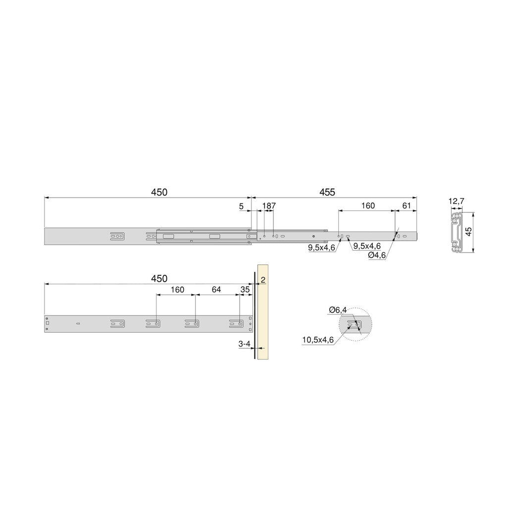 Emuca Pair of Full extension ball bearing slides for drawers with push and soft closing, height 45mm, length 450mm, Steel, Zinc plated