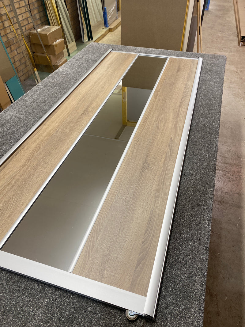 Satin Silver Curve Sliding Wardrobe Door Kit - 2 Doors Verti Design - Mirror & Grey Bardolino Oak - Made To Measure