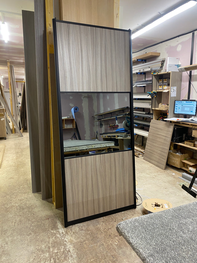 Curve Mirror & Shorewood Sliding Door Wardrobe Kit Grey 4 Panel with Brushed Black Frame