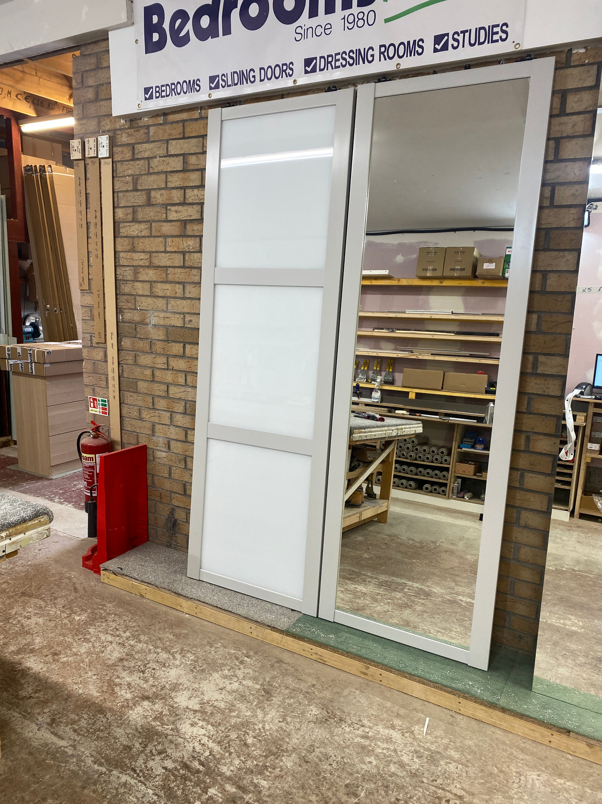 Shaker Sliding Wardrobe Door Kit White Glass 3-Door Mirror Light Grey Frame