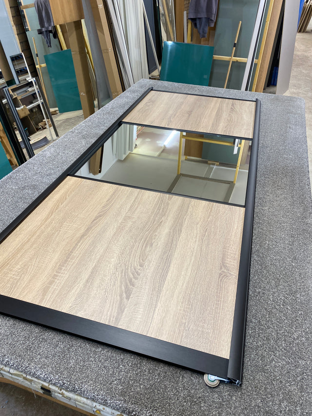 Curve Grey Oak & Mirror Sliding Door Wardrobe Kit 3 Panel with Brushed Black Frame