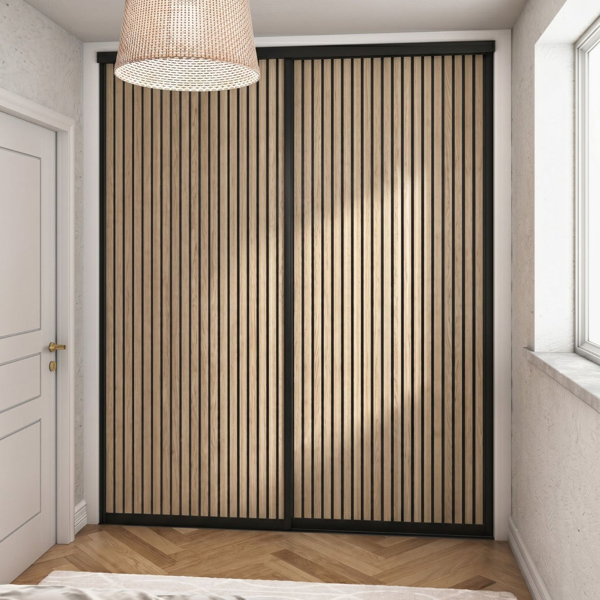 Supreme Matt Black Frame with Oak Acoustic Panel Sliding Door Kit - 2 Doors