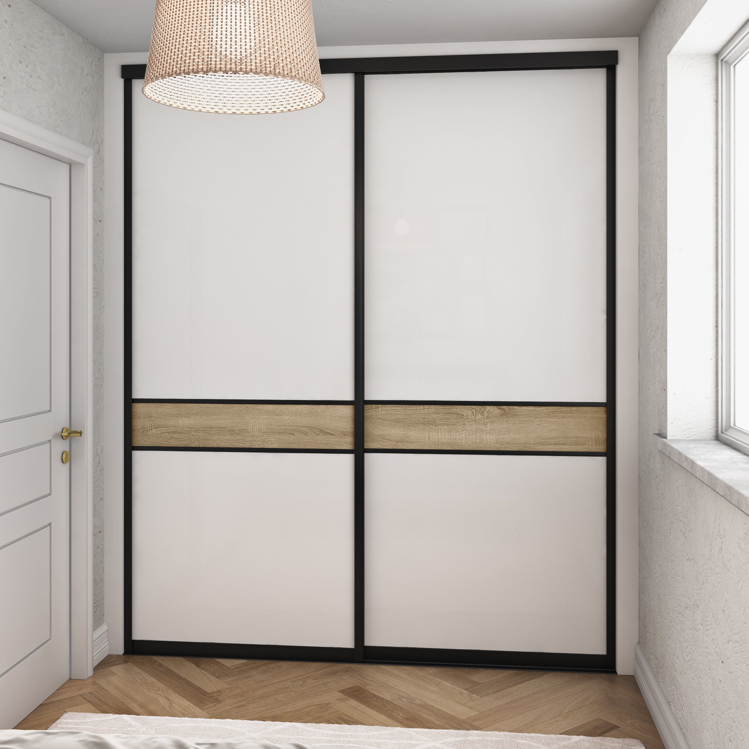 Brushed Black Curve Sliding Wardrobe Door Kit - 2 Doors - Pure White Glass & Grey Bardolino Oak - Made To Measure