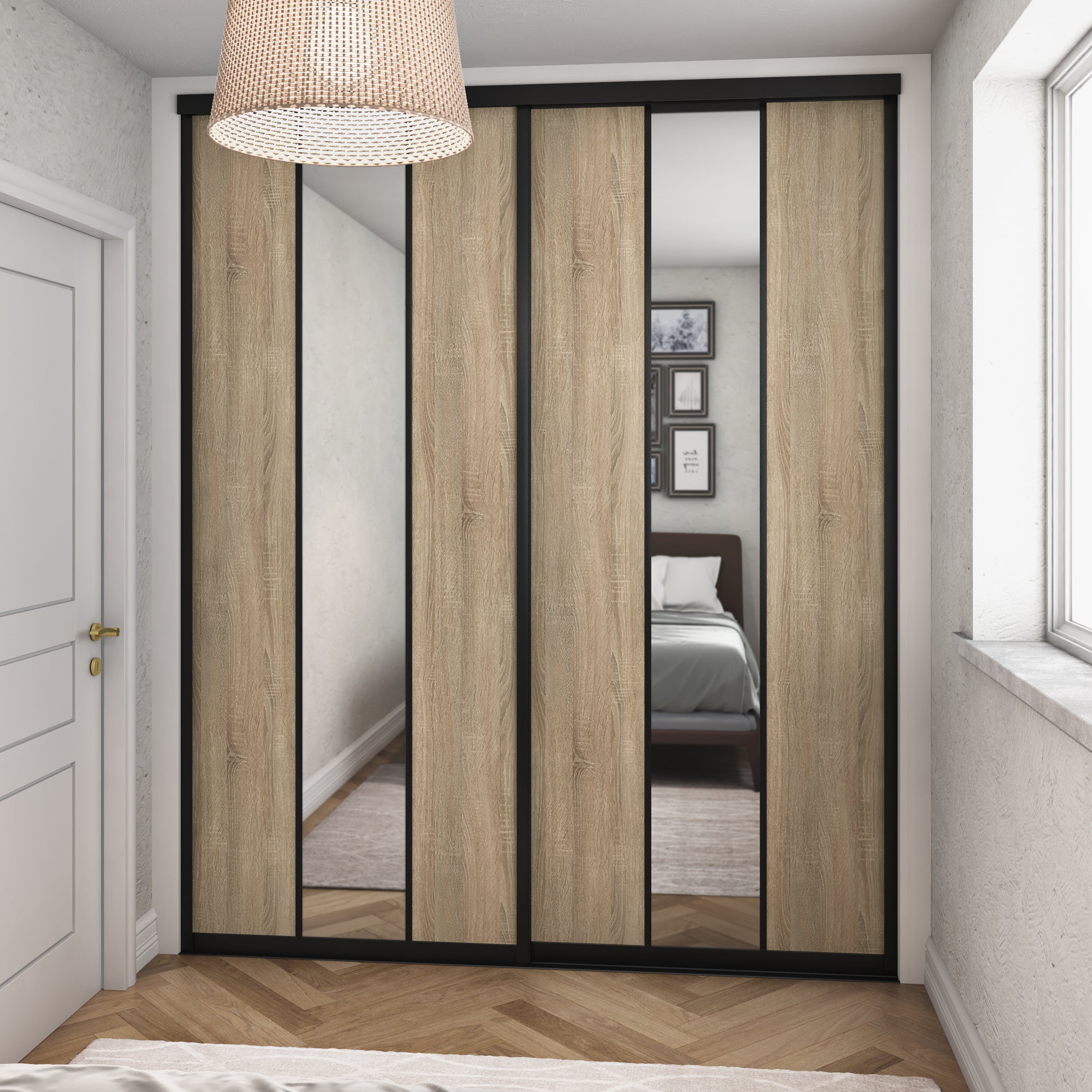 Brushed Black Curve Sliding Wardrobe Door Kit - 2 Doors Verti Design - Mirror & Grey Bardolino Oak - Made To Measure