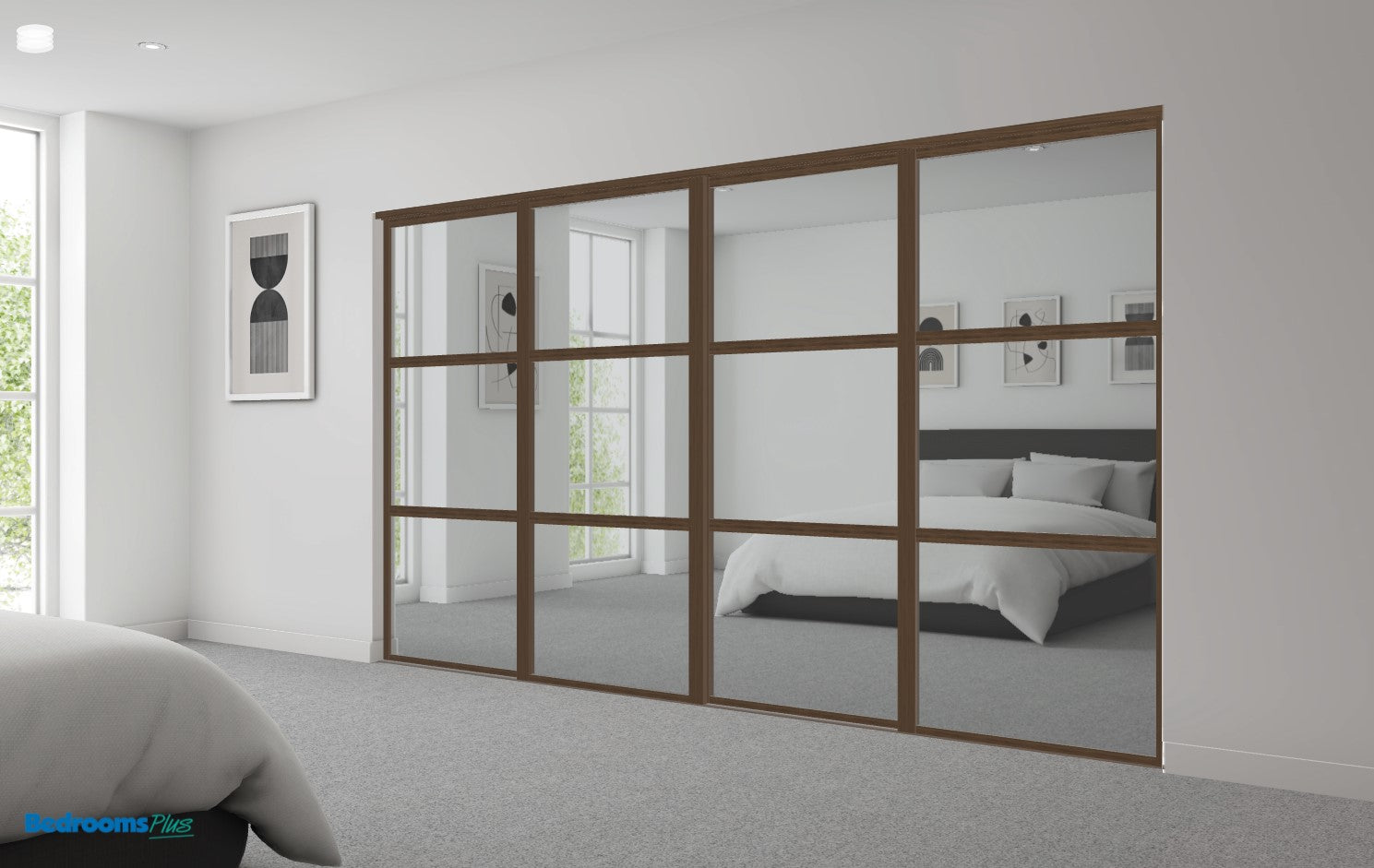 **CLEARANCE 50% OFF** Walnut Shaker Sliding Door Wardrobe Kit - 4 Door Mirror - Made To Measure