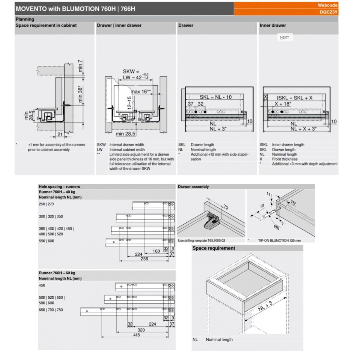 Blum 760H3500S Movento Blumotion Soft Close Drawer Runner - Full Extension 40KG 350mm - Locking Devices Included - CLEARANCE - Bedrooms Plus