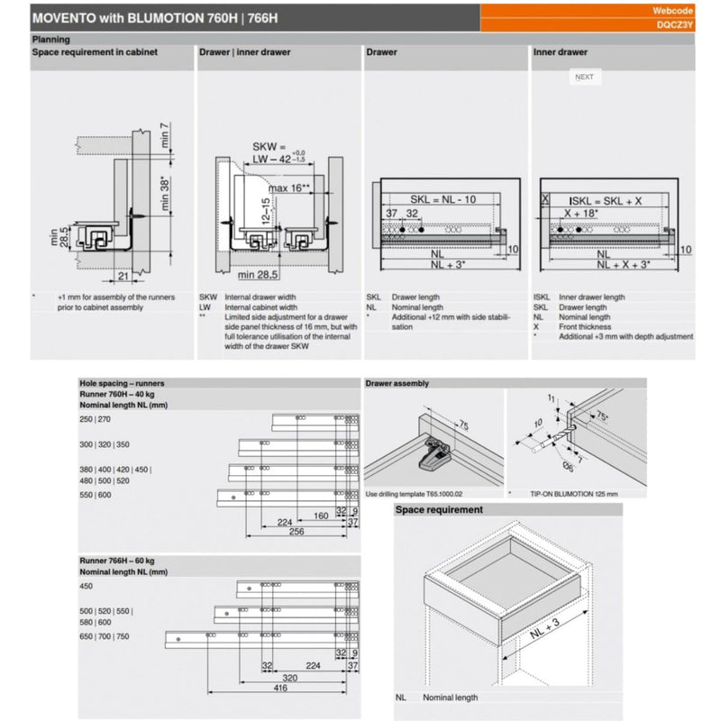 Blum 760H4000S Movento Blumotion Soft Close Drawer Runner - Full Extension 40KG 400mm - Locking Devices Included - CLEARANCE - Bedrooms Plus