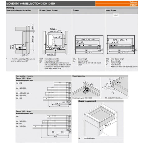 Blum 766H7500S Movento Blumotion Soft Close Drawer Runner - Full Extension 60KG 750mm - Locking Devices Included - CLEARANCE - Bedrooms Plus