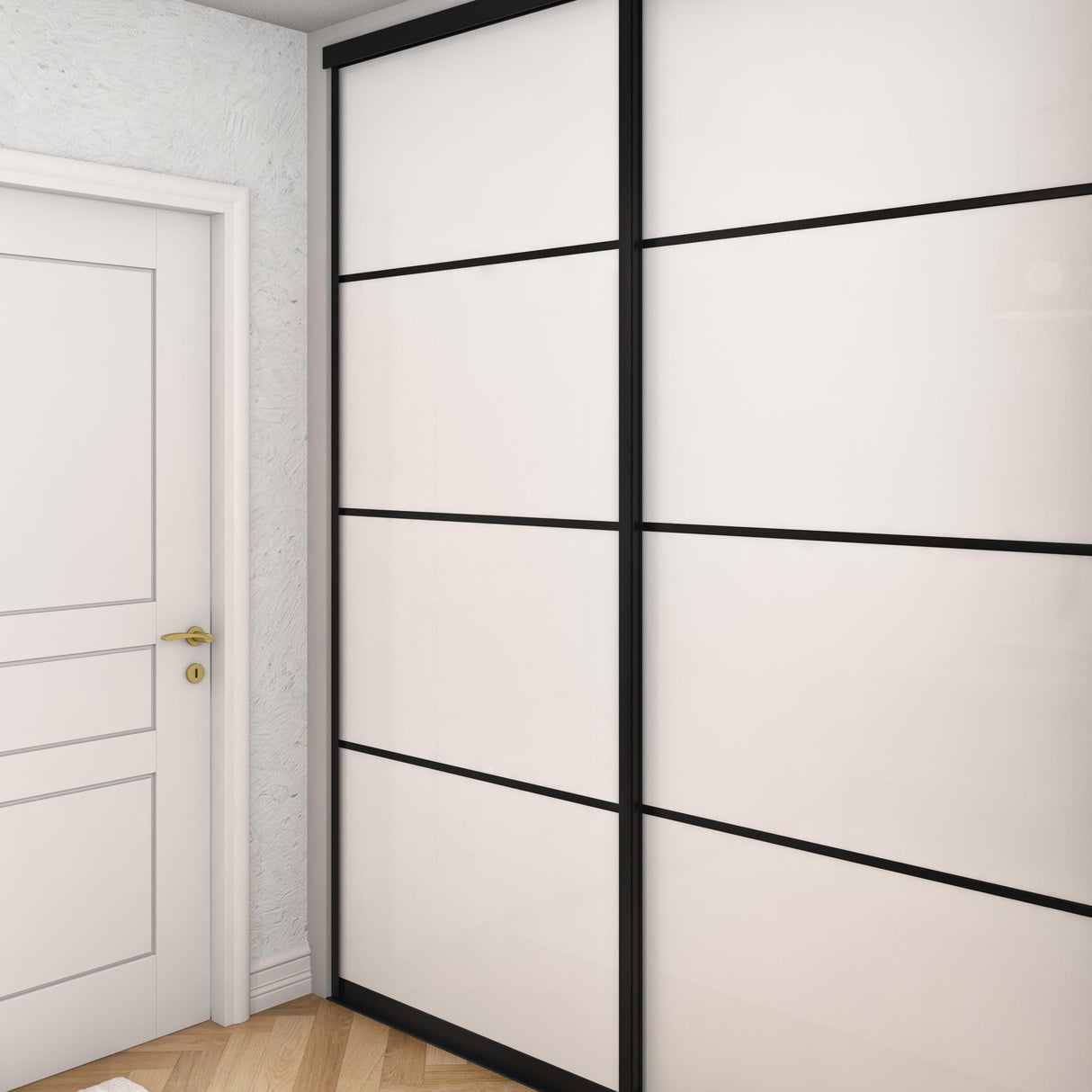 Brushed Black Curve Sliding Door Wardrobe Kit - 2 Door 4 Panel Pure White Glass - Made To Measure - Bedrooms Plus