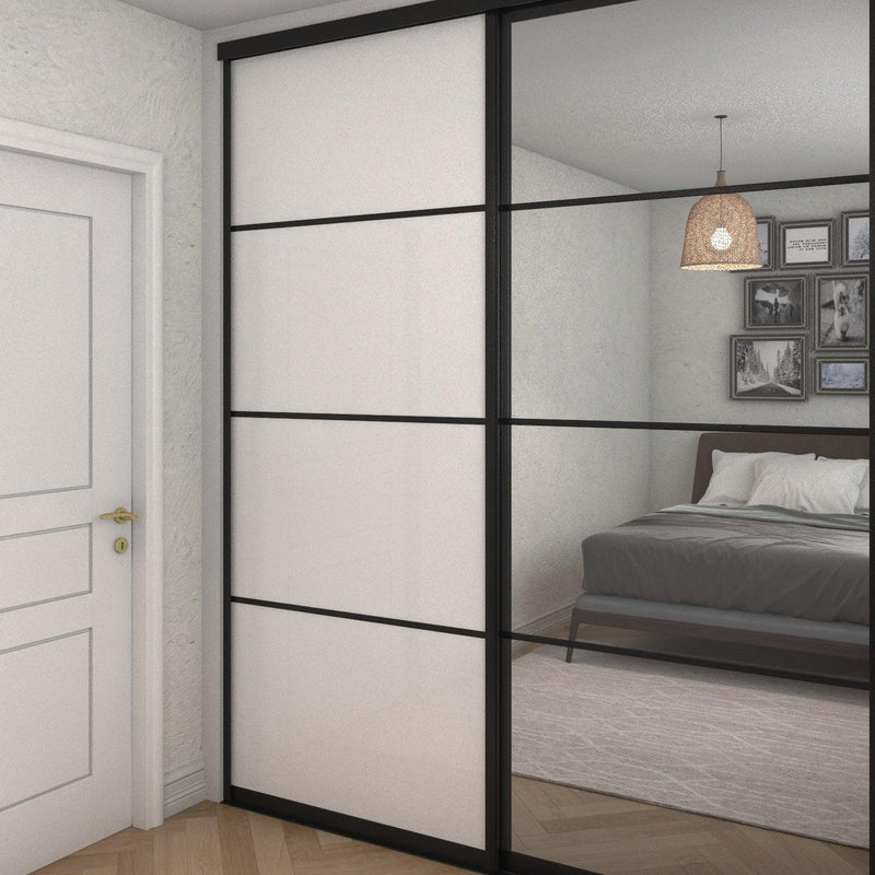 Brushed Black Curve Sliding Door Wardrobe Kit - 2 Door 4 Panel Pure White Glass & Mirror - Made To Measure - Bedrooms Plus