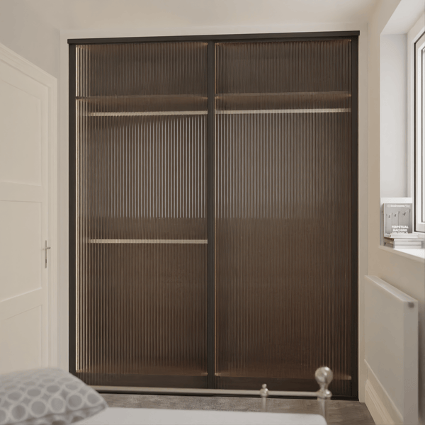 Brushed Black Curve Sliding Door Wardrobe Kit - 2 Door Clear Reeded Glass - Made To Measure - Bedrooms Plus