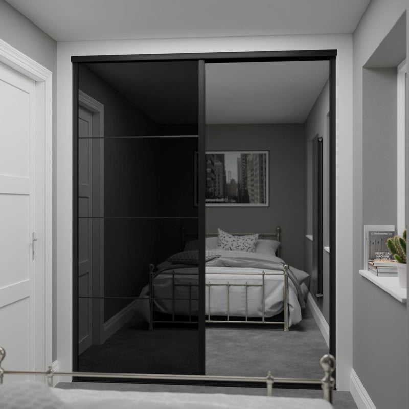 Brushed Black Curve Sliding Door Wardrobe Kit - 2 Doors Mirror & Black Glass - Made To Measure - Bedrooms Plus