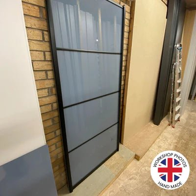 Brushed Black Curve Sliding Door Wardrobe Kit - 2 Doors Mirror & Blue Shadow Glass - Made To Measure - Bedrooms Plus