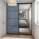 Brushed Black Curve Sliding Door Wardrobe Kit - 2 Doors Mirror & Blue Shadow Glass - Made To Measure - Bedrooms Plus