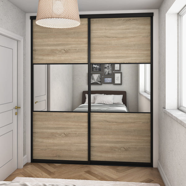 Brushed Black Curve Sliding Door Wardrobe Kit - 2 Doors Mirror & Grey Bardolino Oak - Made To Measure - Bedrooms Plus