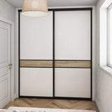 Brushed Black Curve Sliding Door Wardrobe Kit - 2 Doors - Pure White Glass & Grey Bardolino Oak - Made To Measure - Bedrooms Plus