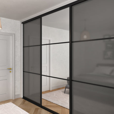 Brushed Black Curve Sliding Door Wardrobe Kit - 3 Door 4 Panel Mirror & Grey Metal Glass - Made To Measure - Bedrooms Plus