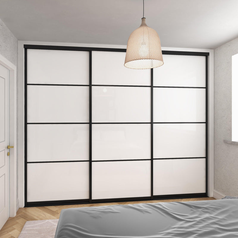 Brushed Black Curve Sliding Door Wardrobe Kit - 3 Door 4 Panel Pure White Glass - Made To Measure - Bedrooms Plus