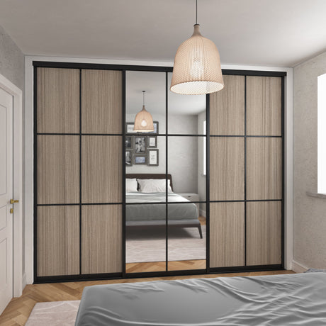 Brushed Black Curve Sliding Door Wardrobe Kit - 3 Door 6 Panel Grid Mirror & Shorewood - Made To Measure - Bedrooms Plus