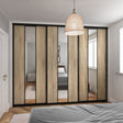 Brushed Black Curve Sliding Door Wardrobe Kit - 3 Door Verti Design - Mirror & Grey Bardolino Oak - Made To Measure - Bedrooms Plus