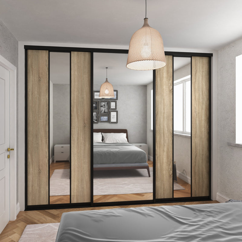 Brushed Black Curve Sliding Door Wardrobe Kit - 3 Door Verti & Full Panel Design - Mirror & Grey Bardolino Oak - Made To Measure - Bedrooms Plus