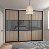 Brushed Black Curve Sliding Door Wardrobe Kit - 3 Doors Grey Mirror & Shorewood - Made To Measure - Bedrooms Plus