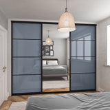 Brushed Black Curve Sliding Door Wardrobe Kit - 3 Doors Mirror & Blue Shadow Glass - Made To Measure - Bedrooms Plus