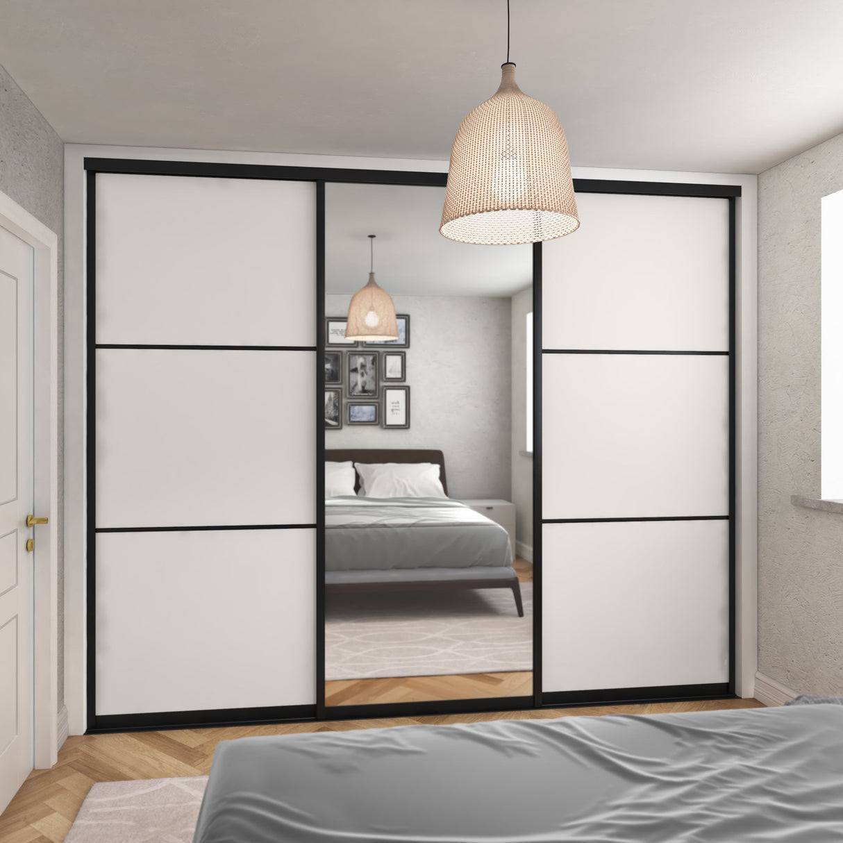 Brushed Black Curve Sliding Door Wardrobe Kit - 3 Doors Mirror & Light Grey Wood - Made To Measure - Bedrooms Plus