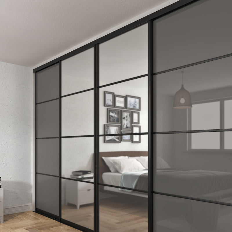 Brushed Black Curve Sliding Door Wardrobe Kit - 4 Door 4 Panel Mirror & Grey Metal Glass - Made To Measure - Bedrooms Plus