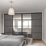 Brushed Black Curve Sliding Door Wardrobe Kit - 4 Door 4 Panel Mirror & Grey Metal Glass - Made To Measure - Bedrooms Plus