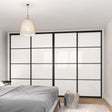 Brushed Black Curve Sliding Door Wardrobe Kit - 4 Door 4 Panel Pure White Glass - Made To Measure - Bedrooms Plus