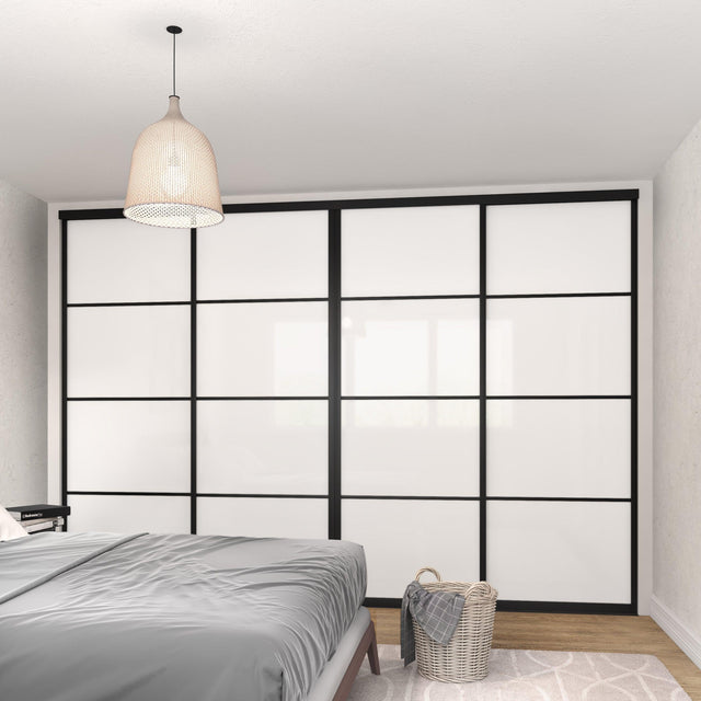 Brushed Black Curve Sliding Door Wardrobe Kit - 4 Door 4 Panel Pure White Glass - Made To Measure - Bedrooms Plus