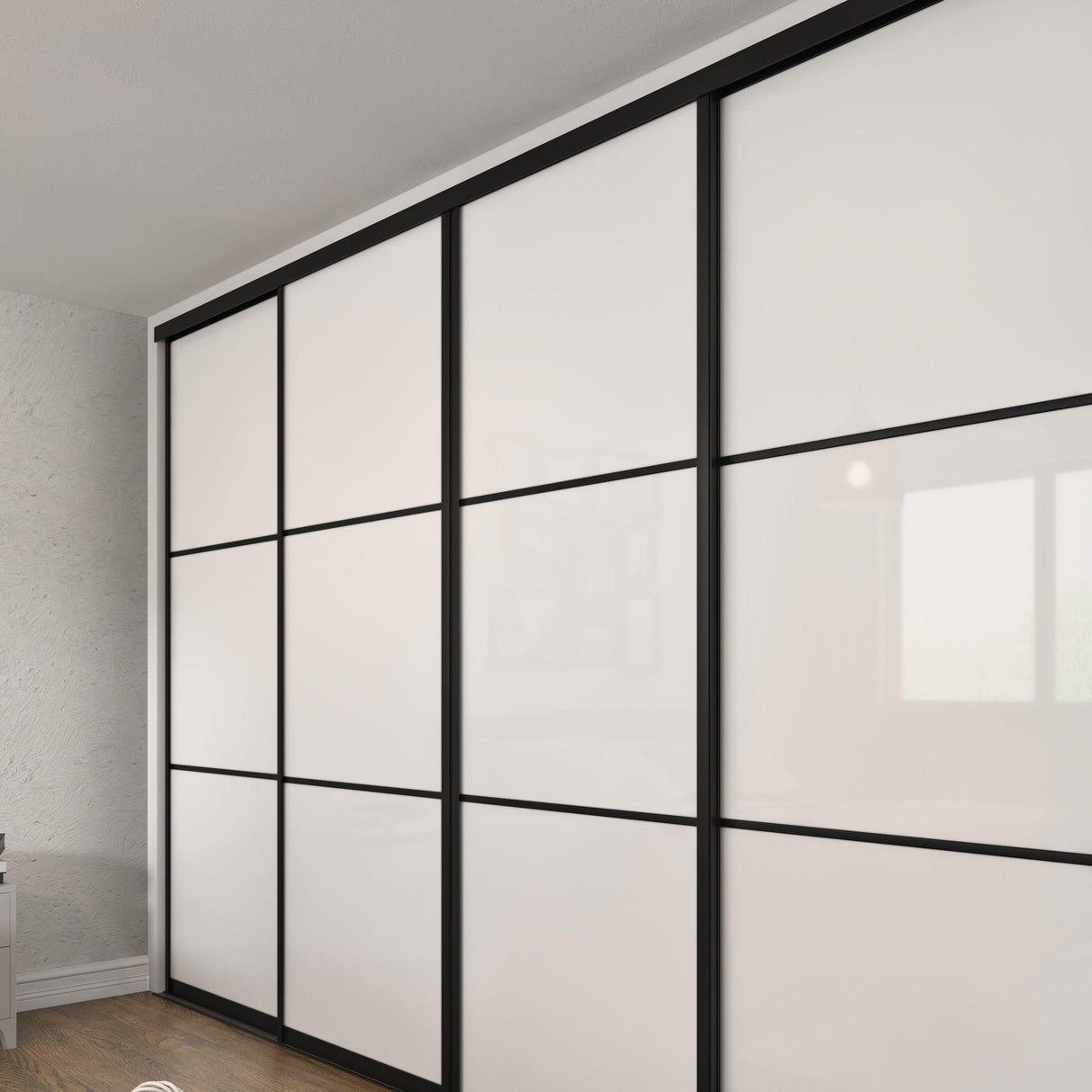 Brushed Black Curve Sliding Door Wardrobe Kit - 4 Door 4 Panel Pure White Glass - Made To Measure - Bedrooms Plus