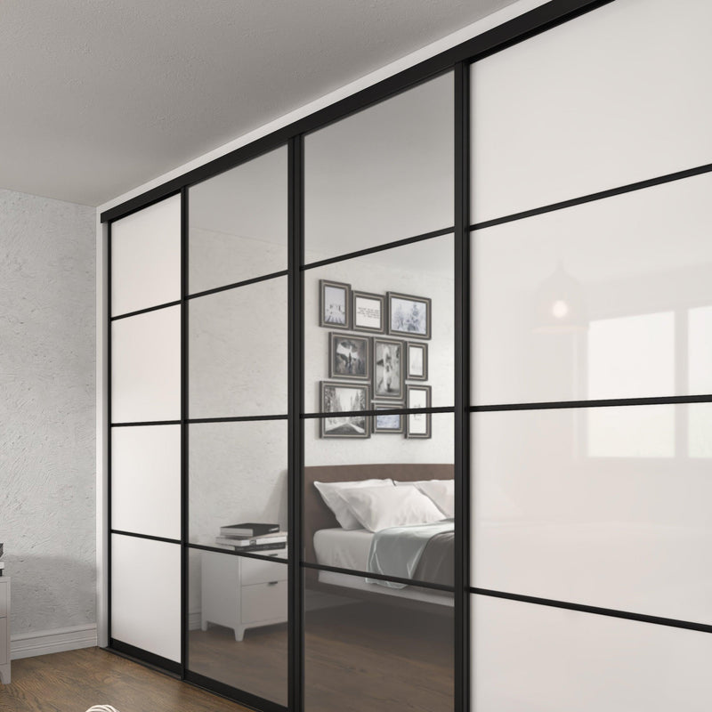 Brushed Black Curve Sliding Door Wardrobe Kit - 4 Door 4 Panel Pure White Glass & Mirror - Made To Measure - Bedrooms Plus