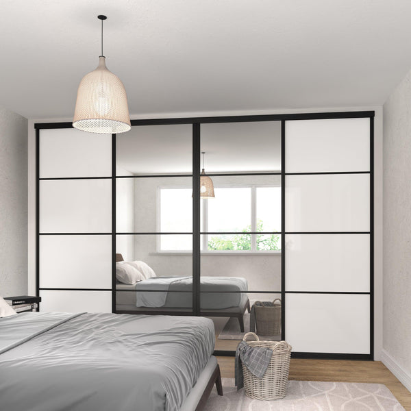 Brushed Black Curve Sliding Door Wardrobe Kit - 4 Door 4 Panel Pure White Glass & Mirror - Made To Measure - Bedrooms Plus